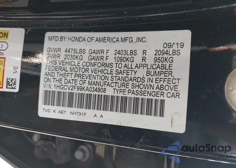 2019 Honda Accord Touring 2.0T z USA, uszkodzony, nr VIN 1HGCV2F99KA034808